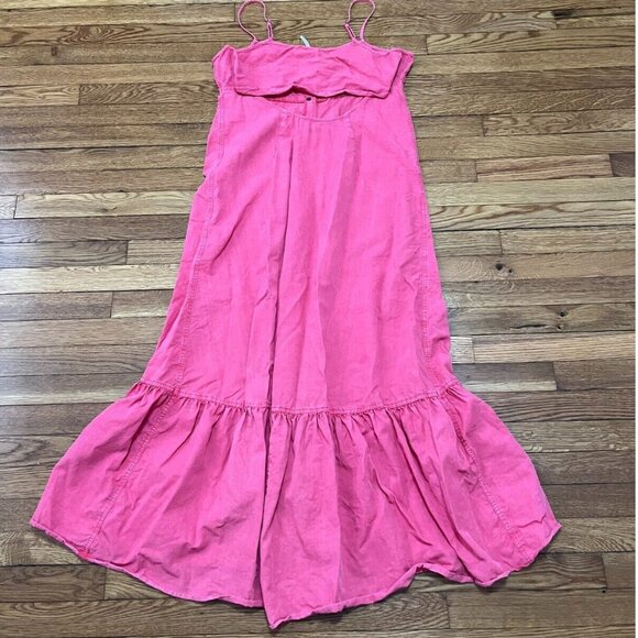 Free People Women's Maxi Dress Pink Button Front Spaghetti Strap Ruffle Large - Picture 4 of 5